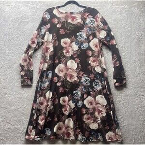 LuLaRoe Emily Swing Dress Large Roses Floral Pockets Feminine Romantic Cottage